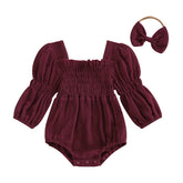 2024-10-29 Lioraitiin Baby Girls Spring Romper Long Sleeve Square Neck Solid Color Romper with Headband